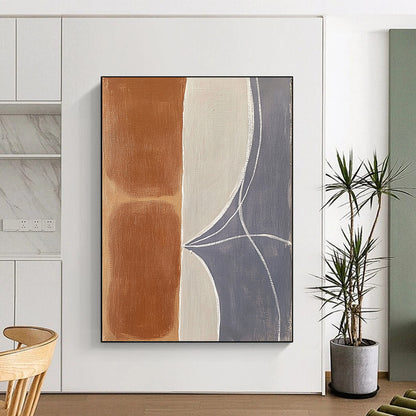 Contemporary abstract painting featuring organic shapes with terracotta brown and gray-blue hues enhanced by thick white lines and soft edges on a light gray background. DLZ0964