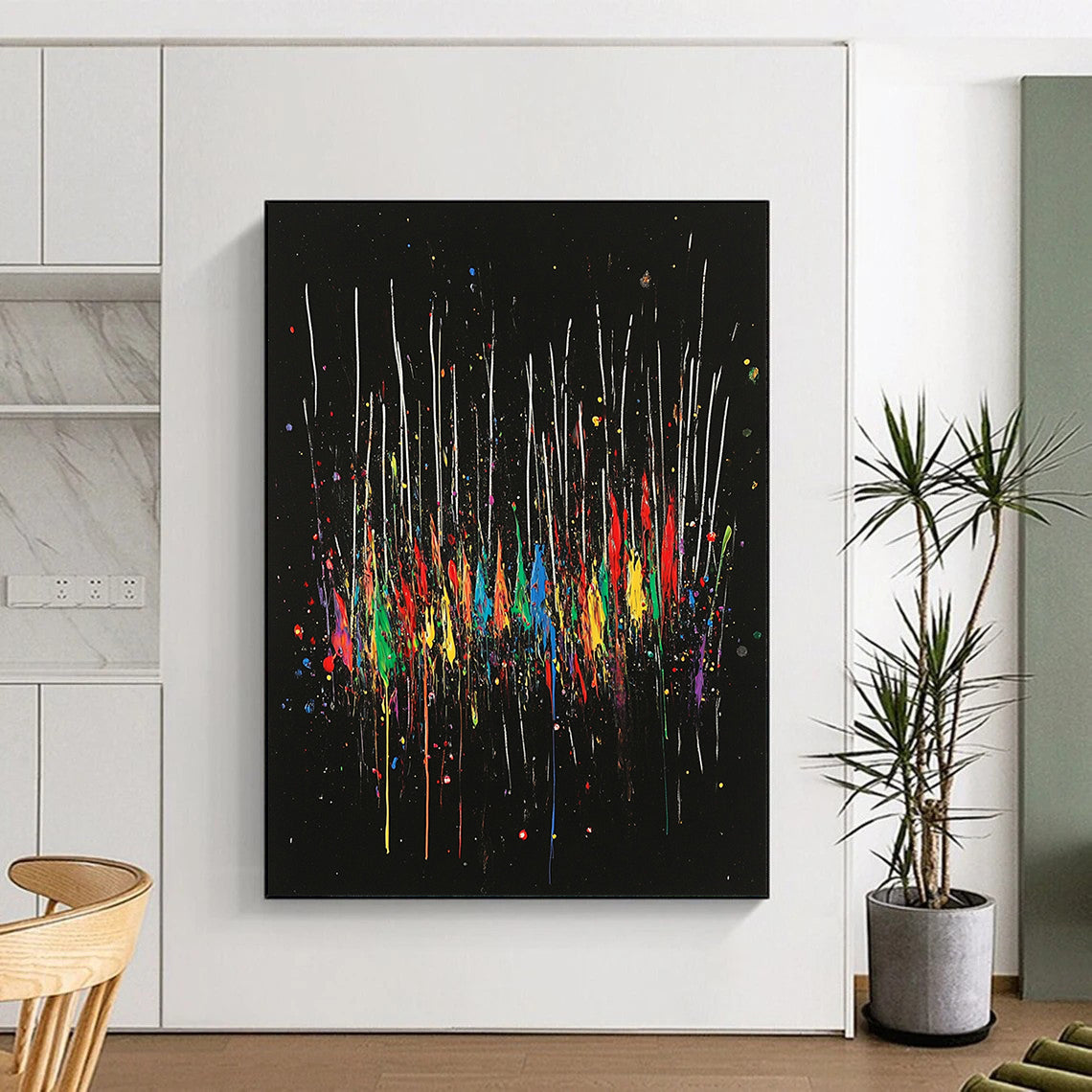 Black, Colorful Drips, White Streaks "Rainbow Cascade" Abstract Painting On Canvas HB024