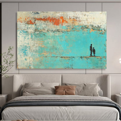 “Father - Child Silhouette in Turquoise - Orange” - Turquoise, Orange, Black with Silhouettes - Painting On Canvas HB1396