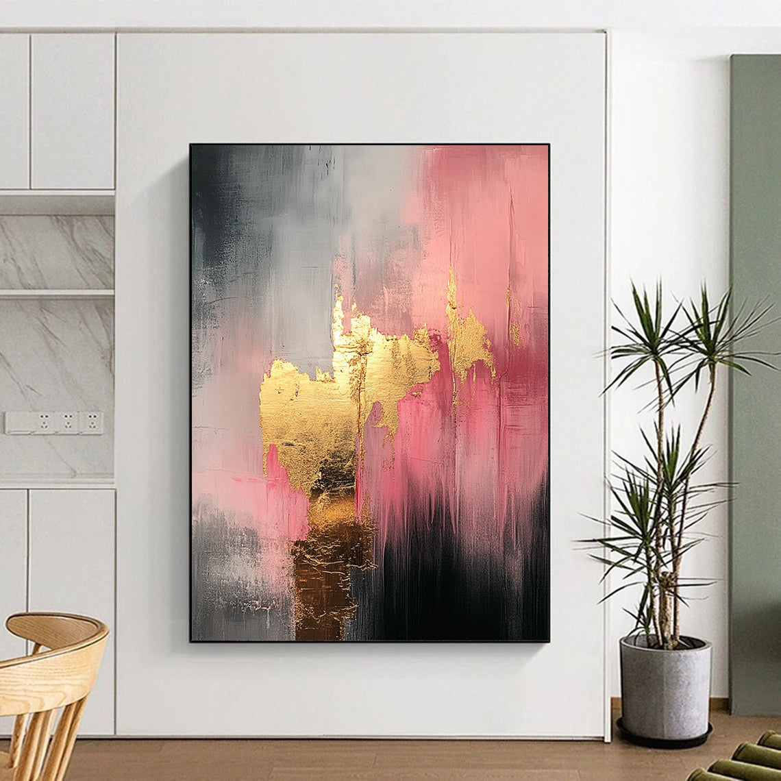 Contemporary hand-painted abstract art featuring white pink and gold tones with a mysterious atmosphere and luxurious gold leaf embellishments. DLZ1117