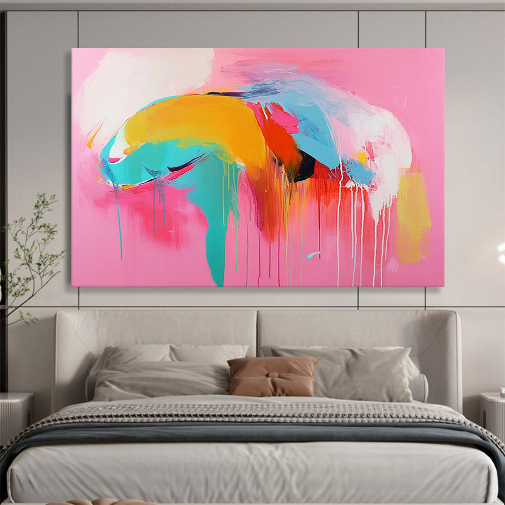 “Colorful Abstract Figure on Pink” - Pink, blue, yellow, orange, red; Abstract figure with colorful drips; Acrylic Painting On Canvas HB1220