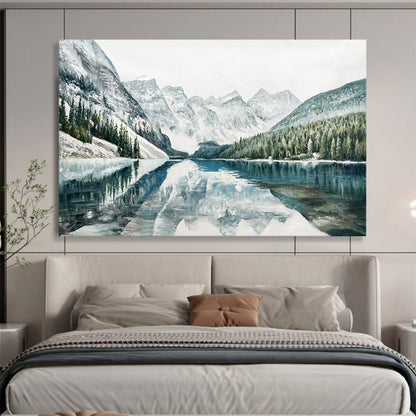 Snowy Mountain Lake Reflection - Serene Living Room Art DLZ221