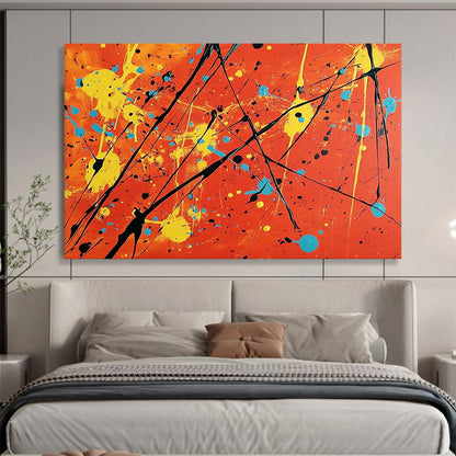 “More Colorful Splatter On Orange” - Orange, Yellow, Blue, Black, Abstract Expressionist Painting On Canvas HB0684