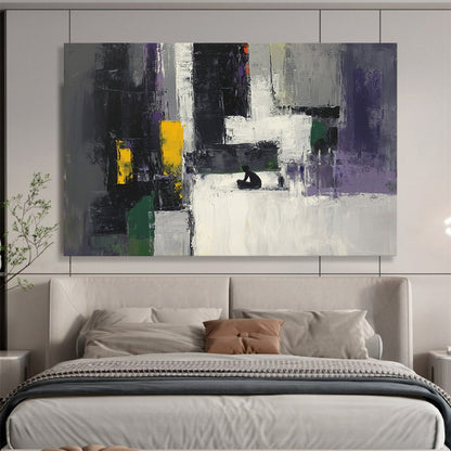 “Colorful Abstract with Figure” - Gray, Purple, Yellow, Green, Figure Silhouette - Painting On Canvas HB1428
