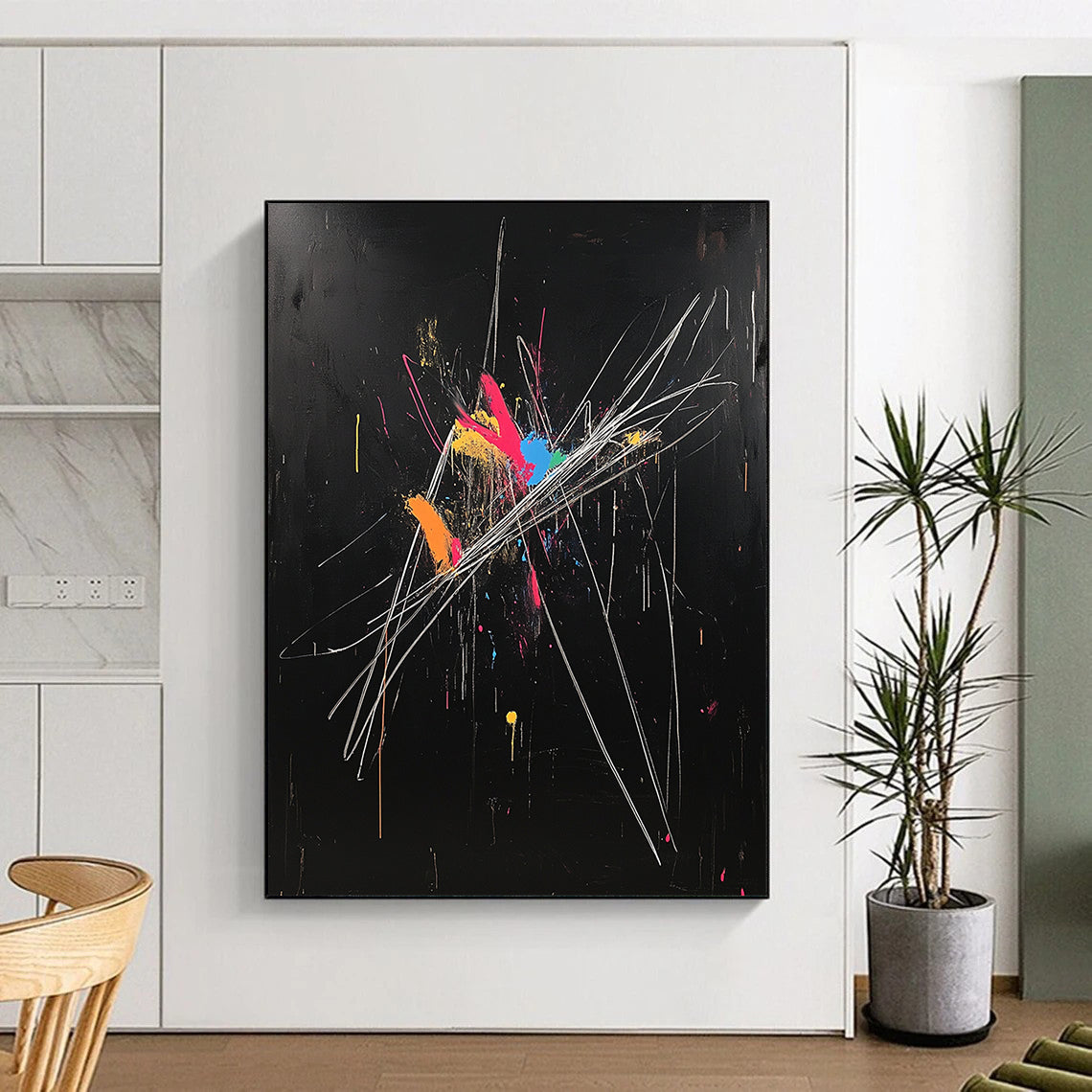 Black, Colorful Blobs, White Strokes "Dynamic Fusion" Abstract Painting On Canvas HB022