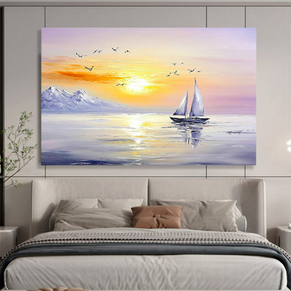 “Sailboat Under Mountain Sunset” - Oranges, Yellows, Purples, Sailboat, Mountains, Birds - Impasto Oil Painting HB1736