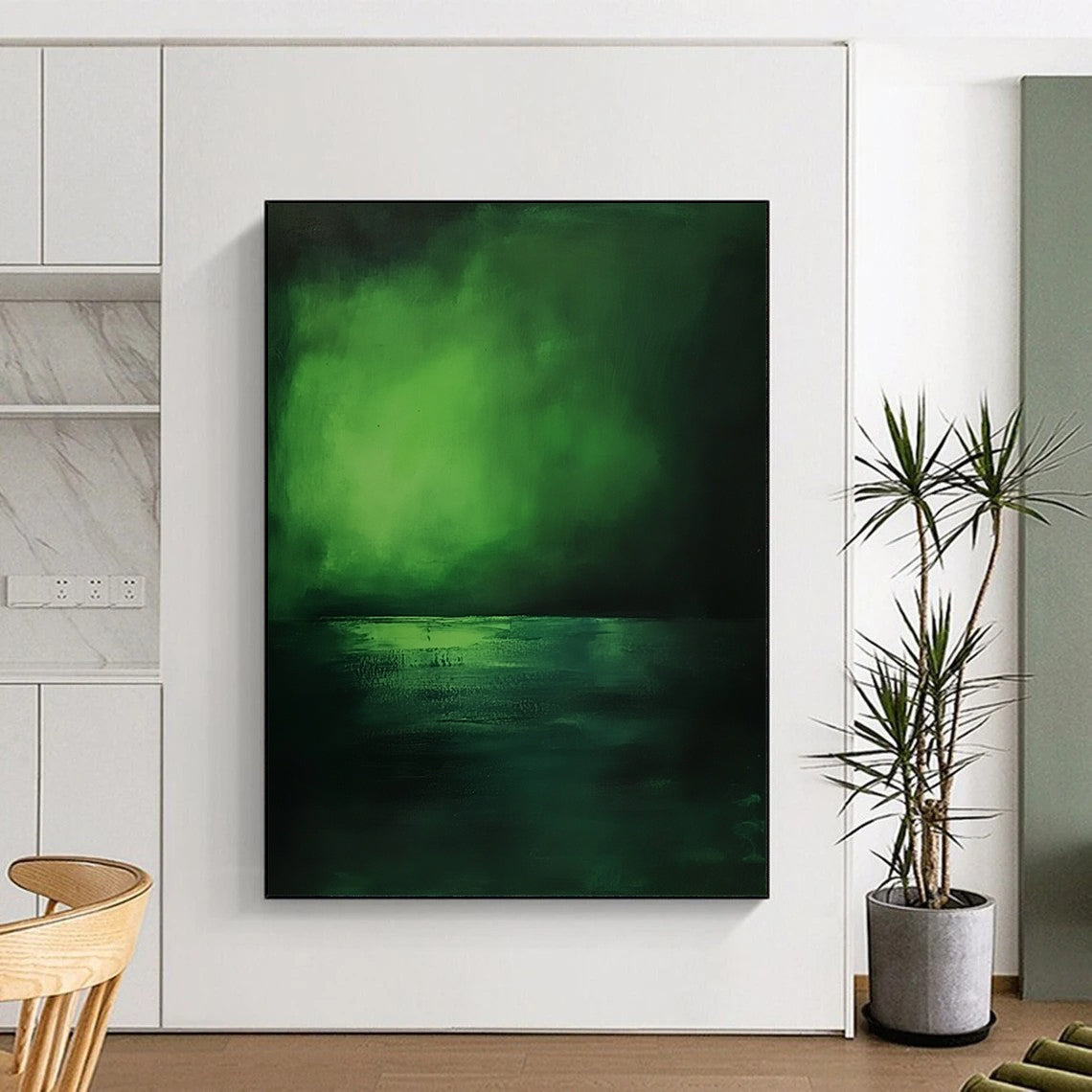 Contemporary hand-painted abstract artwork capturing serene deep greens and blues of the sea, evoking tranquility and minimalist beauty. DLZ1243