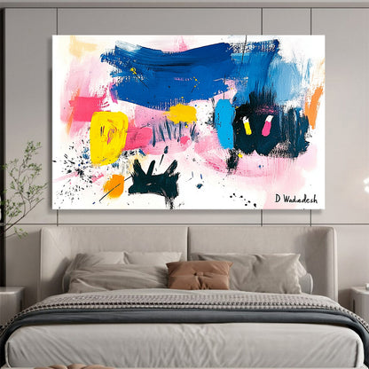 “Colorful Abstract with Black Silhouettes” - Colorful Palette, Black Shapes Painting On Canvas HB0873