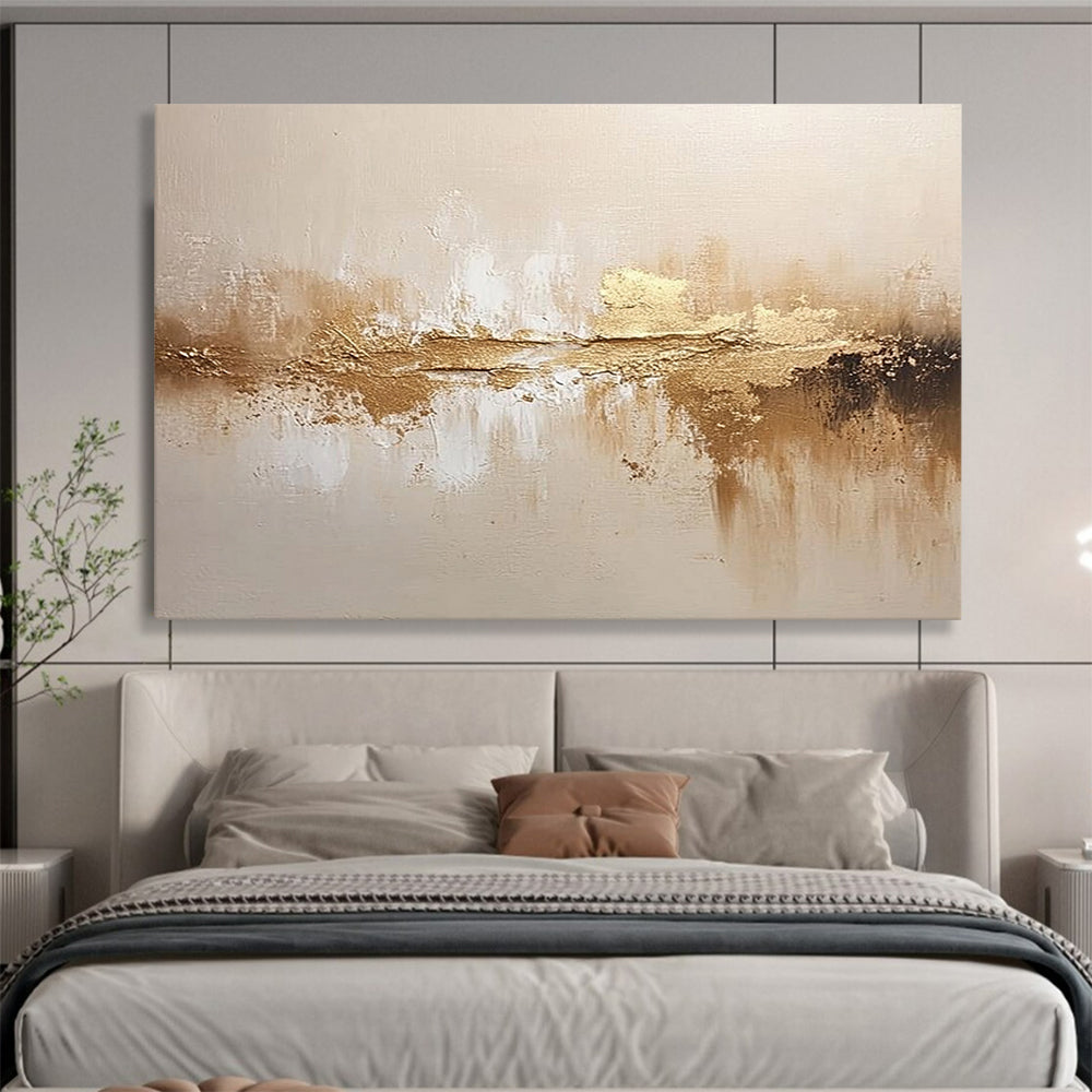 “Golden - Beige Reflective Abstraction” - Gold, Beige, Reflective Textures Painting On Canvas HB0791