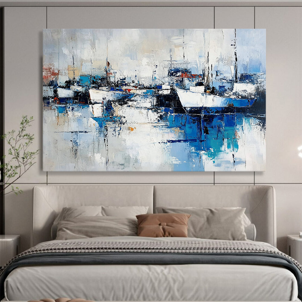 “Abstract Harbor Reflections” - Blue, White, Gray, Dynamic Boat & Water Scenes Painting On Canvas HB1022