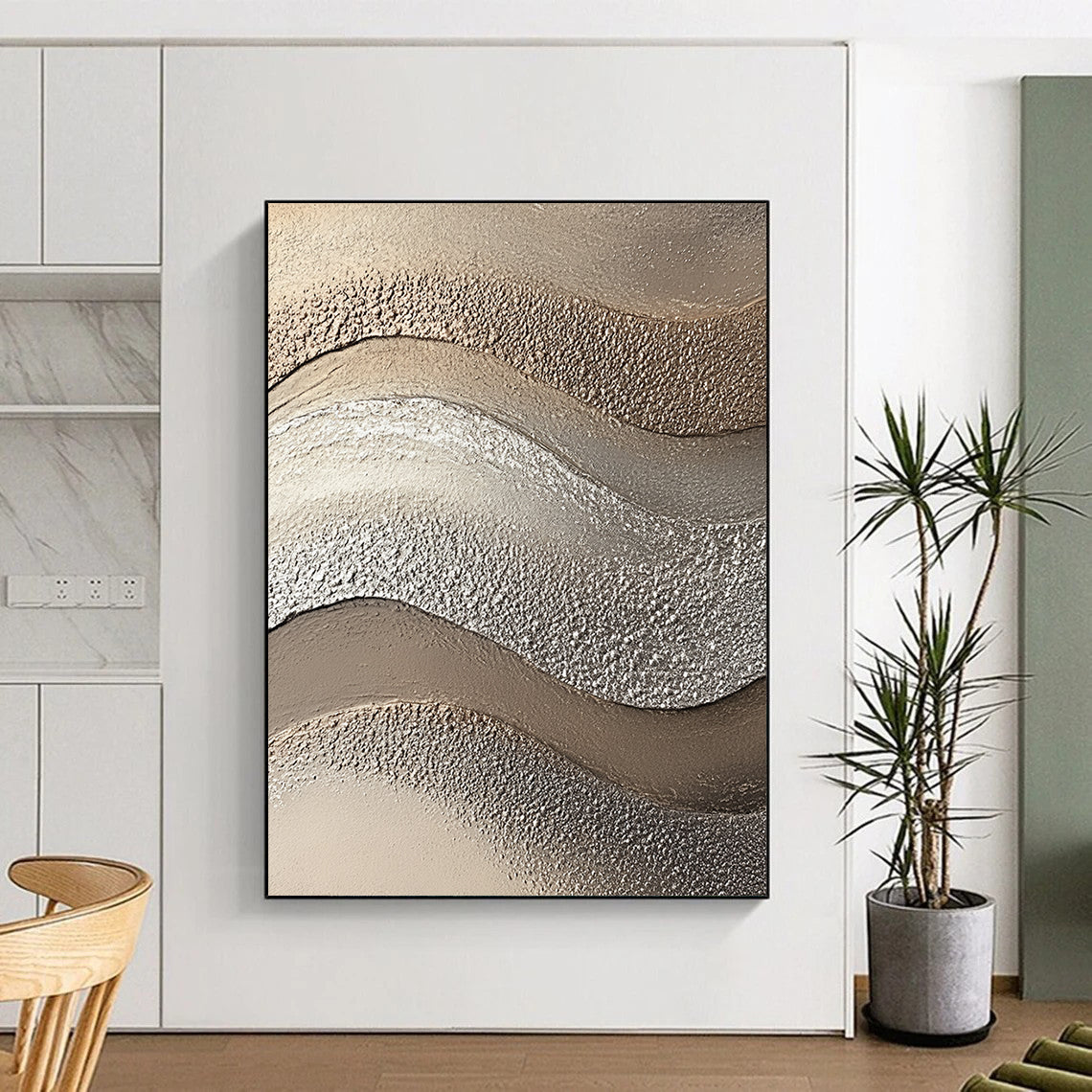 Contemporary abstract artwork showcasing textured sandstone in wave-like patterns with beige and silver tones, enhancing visual depth and captivating beach aesthetics. DLZ1205