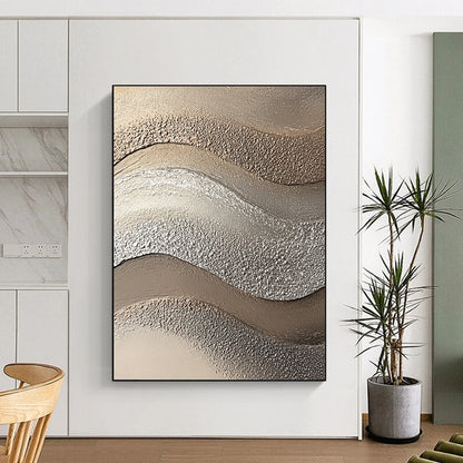 Contemporary abstract artwork showcasing textured sandstone in wave-like patterns with beige and silver tones, enhancing visual depth and captivating beach aesthetics. DLZ1205