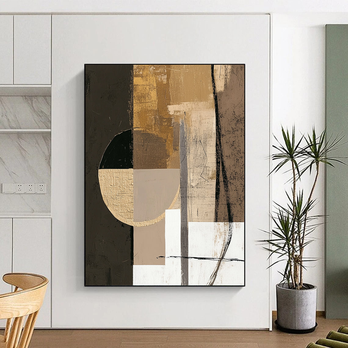 Contemporary hand-painted abstract artwork featuring earthy tones with textures, large circle, and small white square for tranquil harmony. DLZ0853