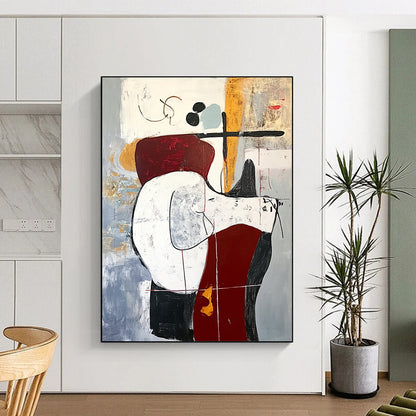 Contemporary abstract artwork featuring an animal on a chair in red and white tones with black lines on a gray background in oil on canvas. DLZ1012