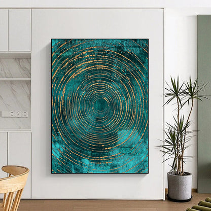 Contemporary art features abstract pattern with teal and gold concentric circles on a dark turquoise background, adding elegance to any space. DLZ1483