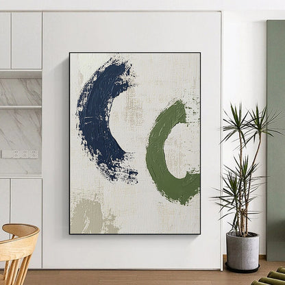 Contemporary abstract artwork featuring bold brush strokes in dark blue and green, creating minimalistic shapes on a white background. DLZ1625