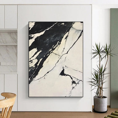 Contemporary abstract artwork featuring high-contrast black and white marble design with flowing forms on a snowy backdrop inspired by Claude Monet. DLZ1544