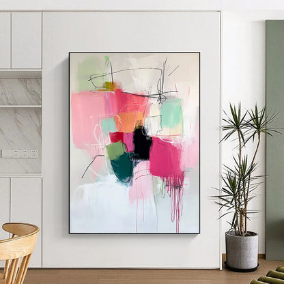 Large contemporary hand-painted abstract artwork featuring vibrant pinks and greens with expressive brush strokes and thick black line work adding depth. DLZ0907