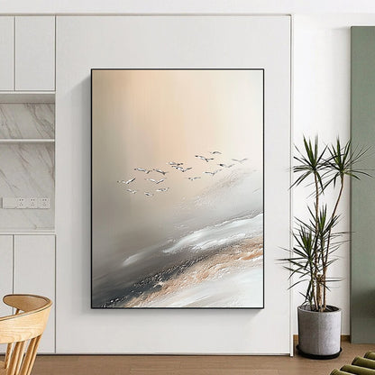 Contemporary abstract painting showcasing Jupiter's serene beauty with soft sand dune-inspired colors and seagulls enhancing the tranquil atmosphere. DLZ1137