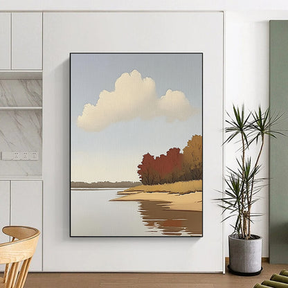 Contemporary hand-painted abstract art featuring a serene river, autumn trees, and light colors on a large canvas, showcasing clear brush strokes and minimalism. DLZ1098