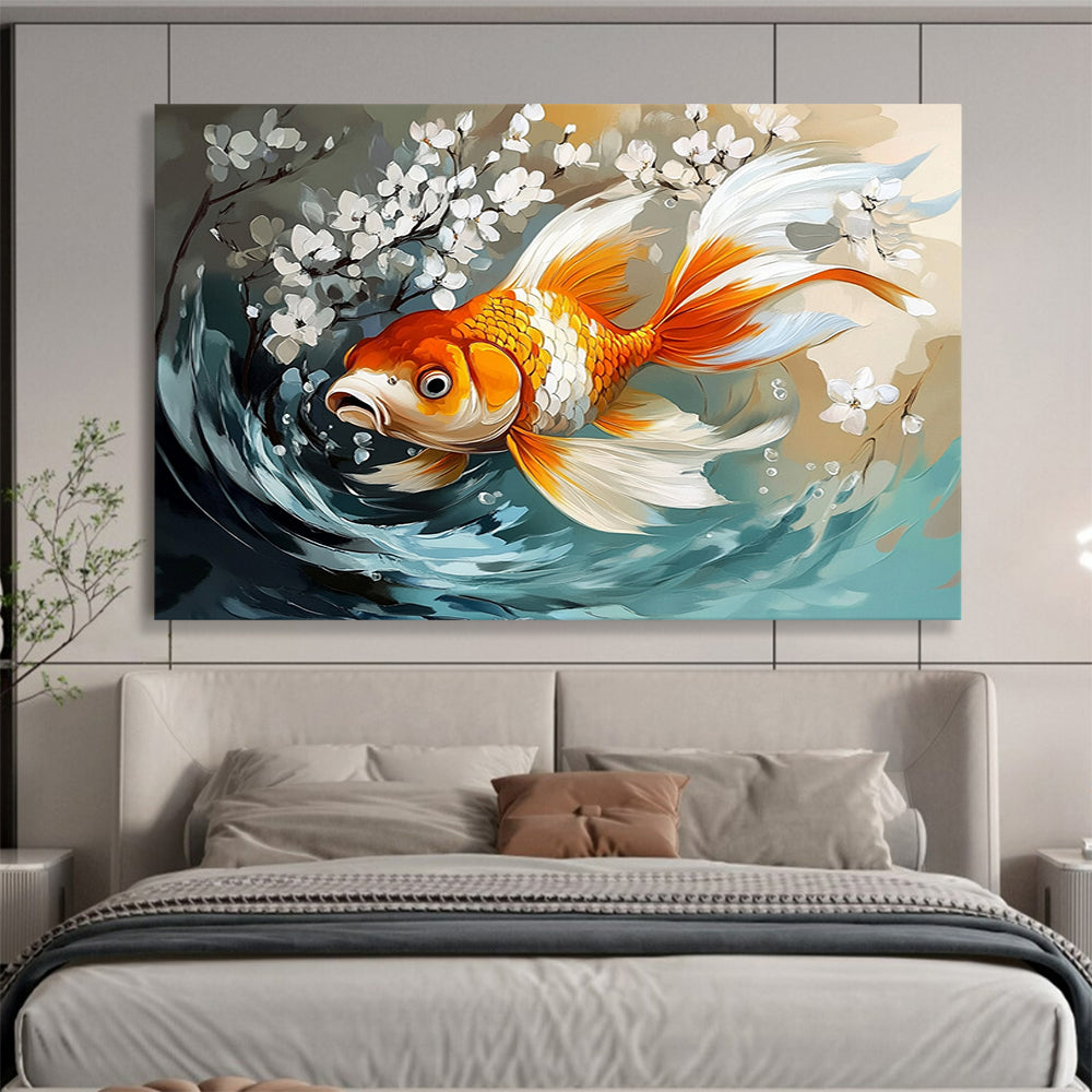 “Goldfish with White Blossoms” - Orange, White, Blue, Nature Scene with Fish - Digital Art HB1650