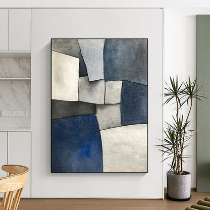 Contemporary abstract painting features deconstructed tailoring in gray blue and white shapes inspired by cubism with a low-angle perspective and subtle tonal values. DLZ0813