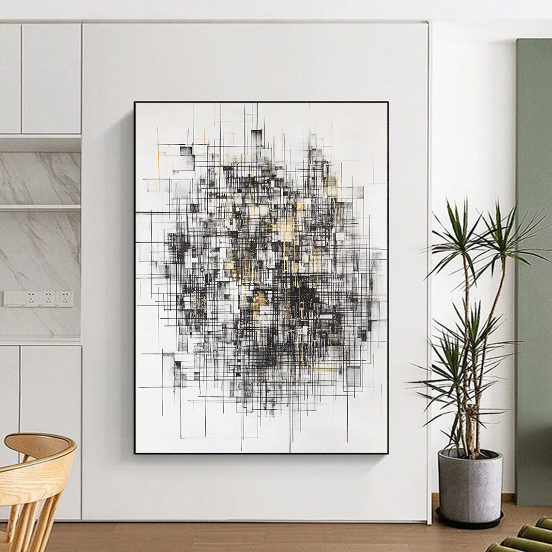 Black, White, Gray, Gold, Intersecting Lines "Gilded Urban Web" Abstract Expressionist Painting On Canvas HB124