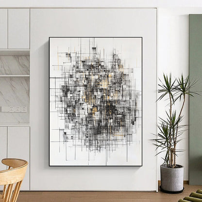 Black, White, Gray, Gold, Intersecting Lines "Gilded Urban Web" Abstract Expressionist Painting On Canvas HB124