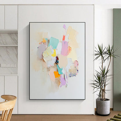 Contemporary abstract art features an arrangement of white paper pieces with soft colors, evoking calmness and serenity in a tranquil composition. DLZ0886