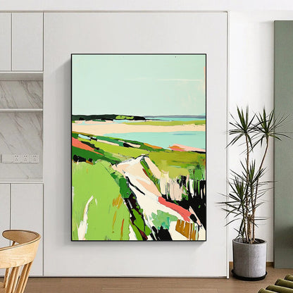 Contemporary abstract painting featuring vibrant green grass and a serene sky inspired by the coastal beauty of Cape Cod in Matisse's style. DLZ1420