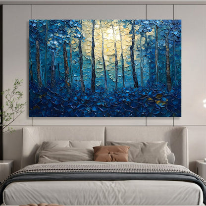 “Moonlit Forest in Blue” - Blues, Yellows, Browns, Textured Forest Scene - Impasto Landscape Painting HB1557