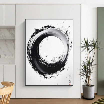 Black and White Textured Circle "Rustic Enso" Painting On Canvas HB288