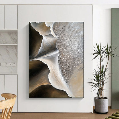 Large contemporary abstract artwork showcasing intricate sand dune patterns and contrasting rock formations with rich oil paint texture and minimalistic desert depth. DLZ1181