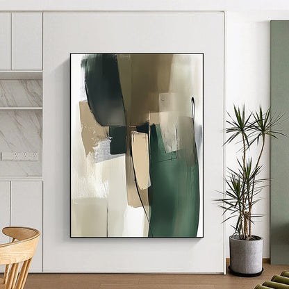 Contemporary abstract painting showcasing a green and beige palette with thick brush strokes and minimalistic shapes in a modernist style. DLZ0535