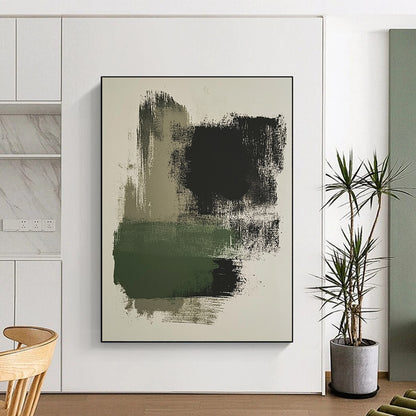 Contemporary brush stroke artwork featuring moss green and black on a beige background, perfect for modern decor enthusiasts. DLZ1454