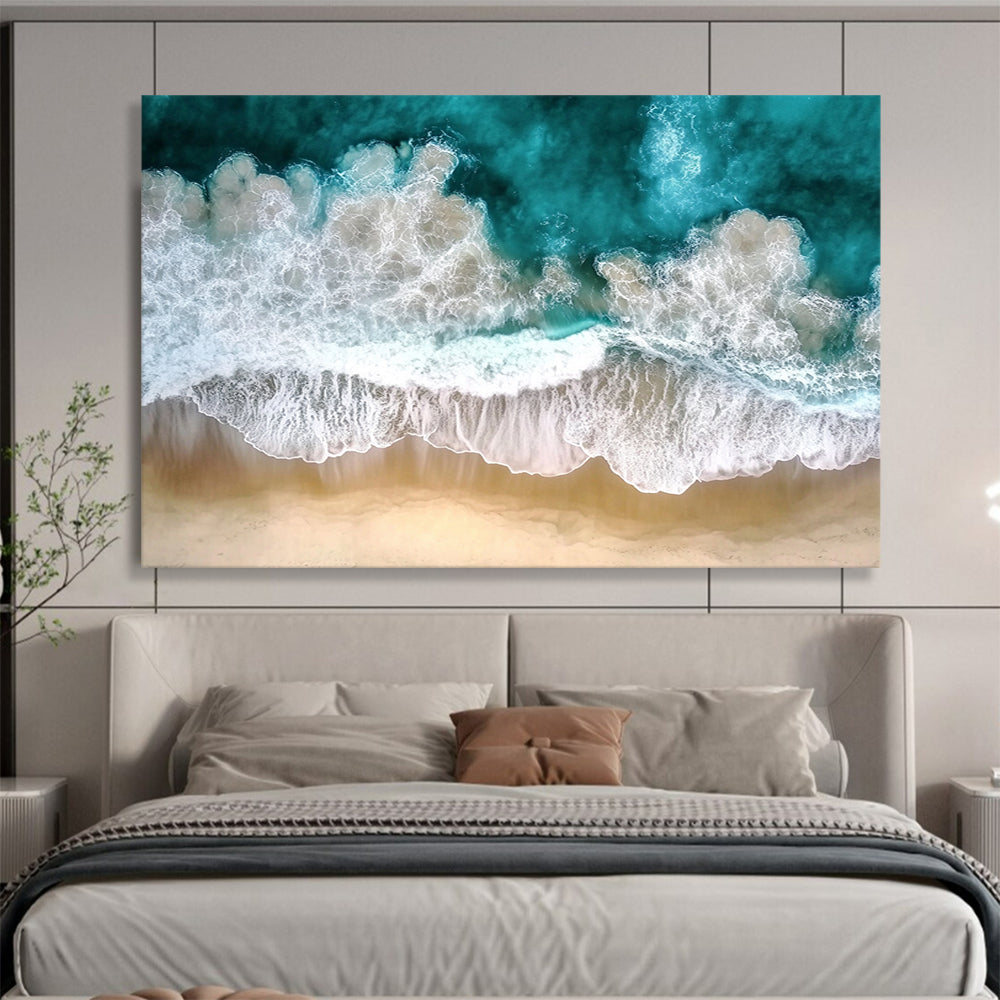 “Aerial Ocean Waves” - Turquoise, Whites, Browns, Aerial View of Ocean Waves on Beach - Photography Art HB1761