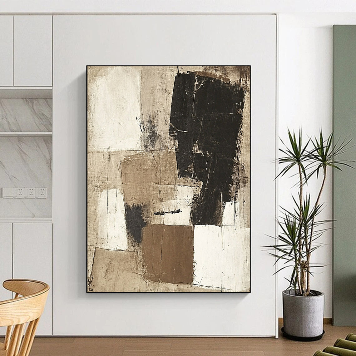 Contemporary hand-painted abstract art featuring large beige white and black squares with textured depth and harmonious yet chaotic forms. DLZ1036