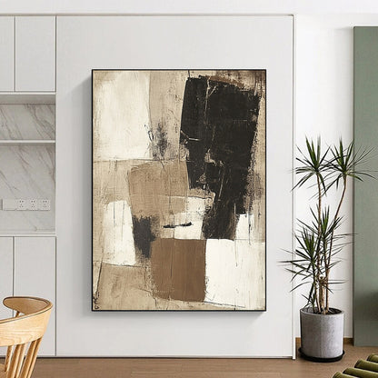Contemporary hand-painted abstract art featuring large beige white and black squares with textured depth and harmonious yet chaotic forms. DLZ1036