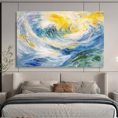 “Swirling Wave Dream” - Blue, yellow, white, green; Fluid strokes mimic ocean waves; Impressionistic Seascape Oil Painting On Canvas HB1173