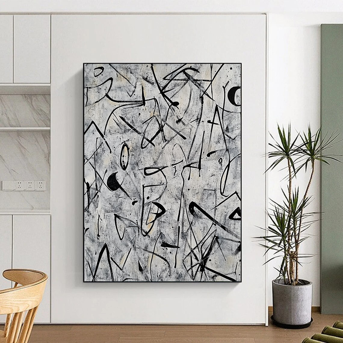 Contemporary abstract artwork featuring intricate doodles and shapes in black ink on a grey background inspired by Pollock and Basquiat. DLZ0628