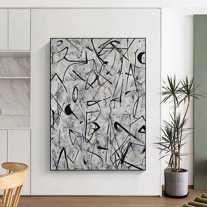 Contemporary abstract artwork featuring intricate doodles and shapes in black ink on a grey background inspired by Pollock and Basquiat. DLZ0628