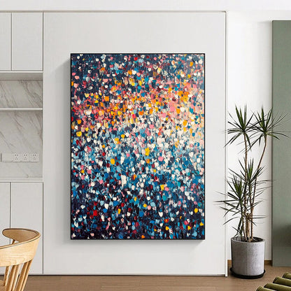 Vibrant contemporary hand-painted abstract artwork featuring a stunning array of tiny flowers in vivid colors against a dark clouded sky. DLZ1007