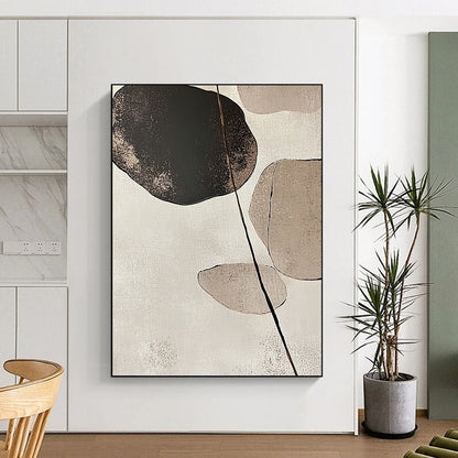 Large contemporary abstract art featuring minimalist Japandi design with stone and leaf forms in beige and neutral tones against a white background. DLZ1616