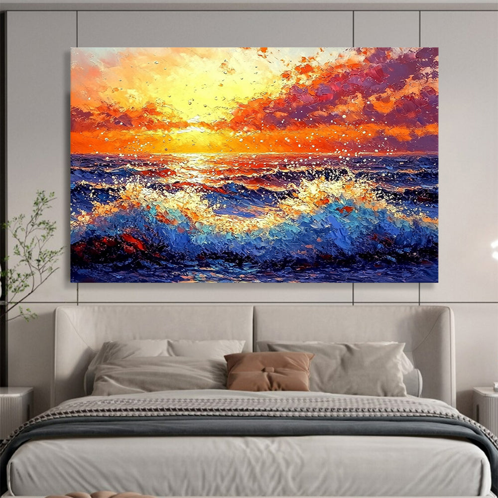 “Vibrant Sunset Ocean Waves” - Orange, Red, Purple, Blue, Crashing Waves - Impasto Oil Painting HB1698