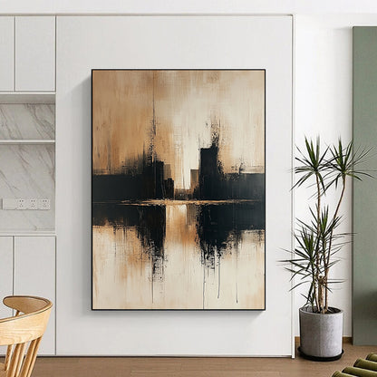 Contemporary abstract art showcasing an urban cityscape in beige and black tones on a textured canvas with a minimalist style and neutral palette. DLZ0465