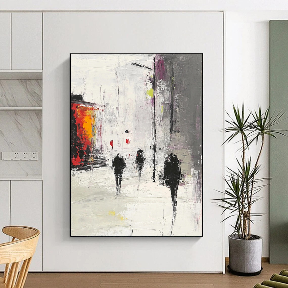 Contemporary hand-painted abstract artwork depicting an urban scene in gray and white with red accents featuring people walking in the rain. DLZ0968