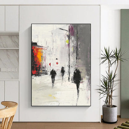 Contemporary hand-painted abstract artwork depicting an urban scene in gray and white with red accents featuring people walking in the rain. DLZ0968