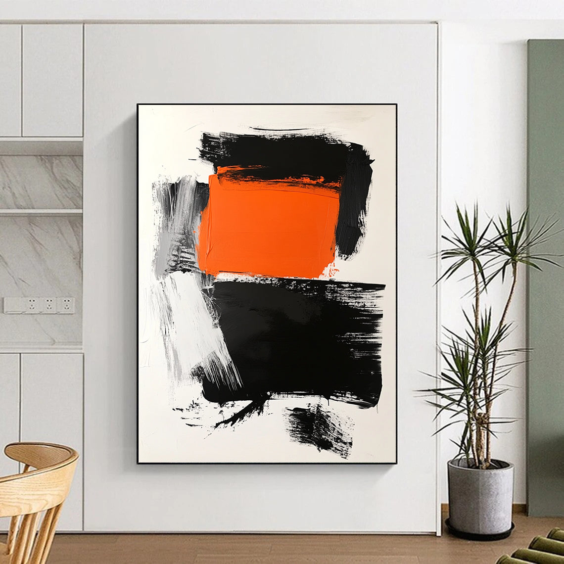 Contemporary abstract art features a striking orange square atop a bold black rectangle on a clean white background with dynamic brush strokes. DLZ1559