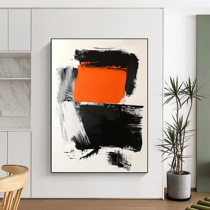 Contemporary abstract art features a striking orange square atop a bold black rectangle on a clean white background with dynamic brush strokes. DLZ1559