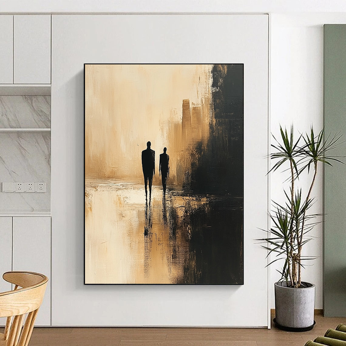 Contemporary abstract painting featuring minimalist human figures in dark beige and black against a blurred cityscape with textured canvas and soft lighting. DLZ0556
